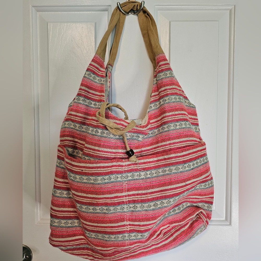Striped Pink and Tan Women's Bag w/ Magnet snap and Tie Closure OS